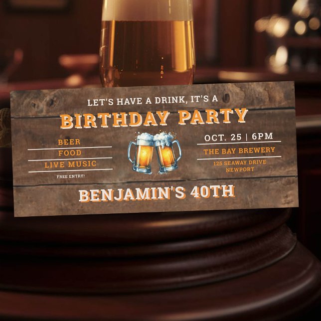 Bière Brasserie à thème Rustic Hommes 40e annivers (men's 40th birthday party invitation beer themed brewery backyard oktoberfest wood)