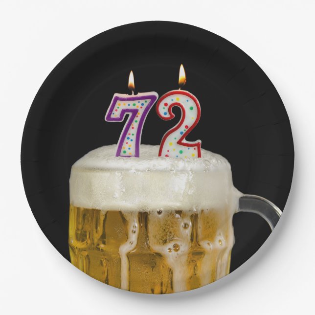 Bière d'anniversaire 72 ans sur assiette en papier (Devant)