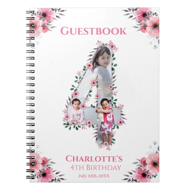 Big 4th Birthday Girl Photo Pink Flower livre d'in (Devant)