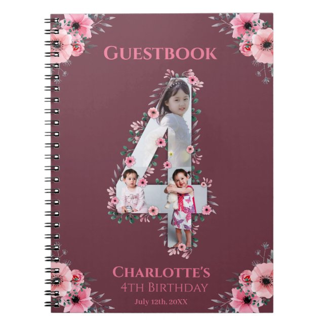 Big 4th Birthday Girl Photo Pink Flower livre d'in (Devant)