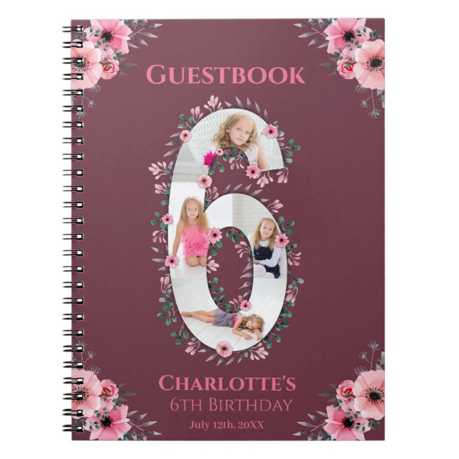 Big 6th Birthday Girl Photo Pink Flower livre d'in (Devant)