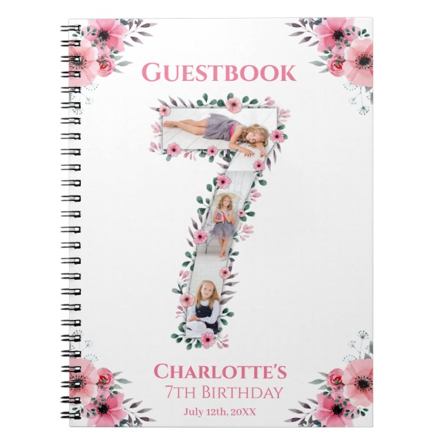 Big 7th Birthday Girl Photo Pink Flower livre d'in (Devant)