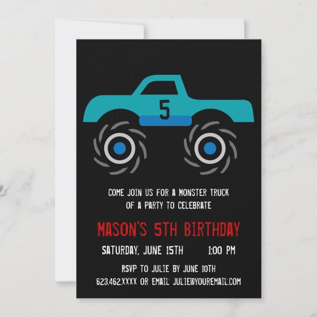 Big Blue Monster Truck Invitations de fête d'anniv (Devant)