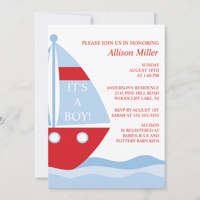 BIg & Bold SAILBOAT Boy Baby shower INVITATION (Devant)