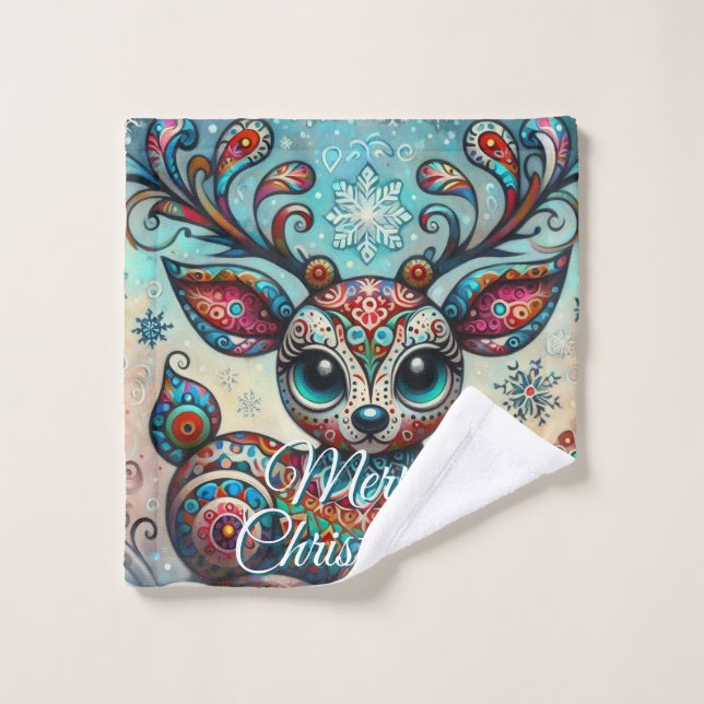 Big Eye Christmas Reindeer Folk Art Personalized (Gant de toilette)