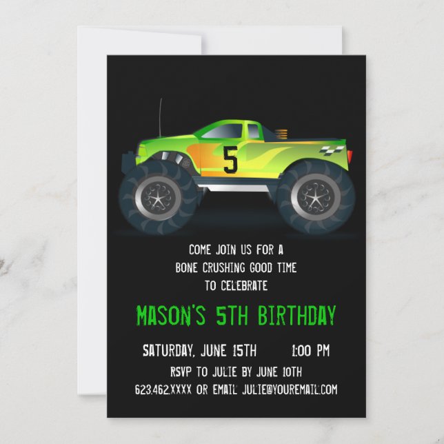 Big Green Monster Truck Invitations de fête d'anni (Devant)