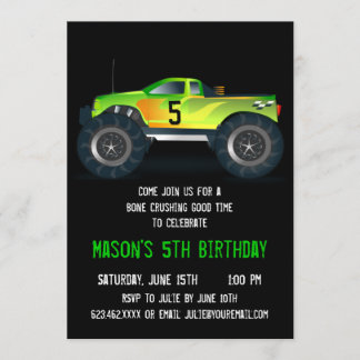 Big Green Monster Truck Invitations de fête d'anni