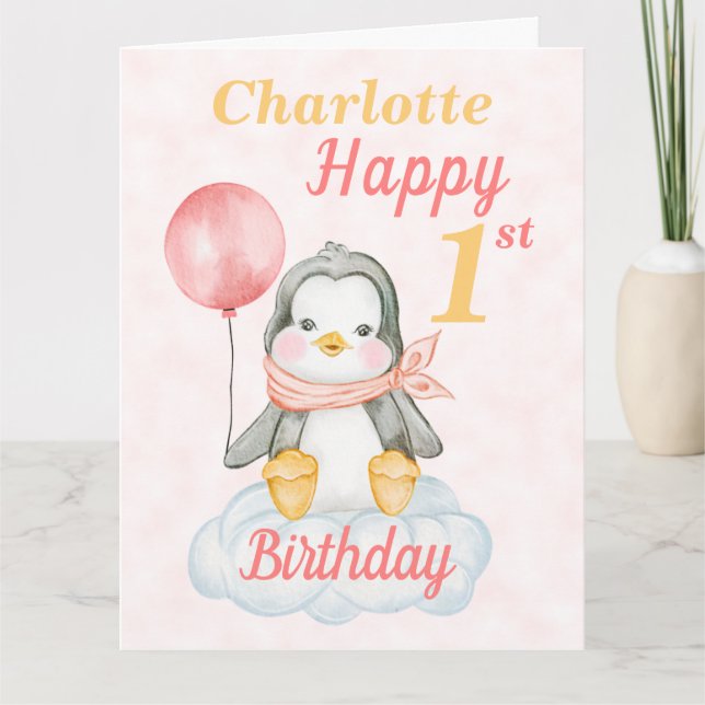 Big Penguin Joyeux 1er Anniversaire Carte rose (Devant)