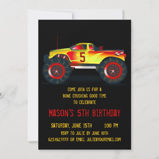 Big Red Monster Truck Invitations de fête d'annive (Devant)