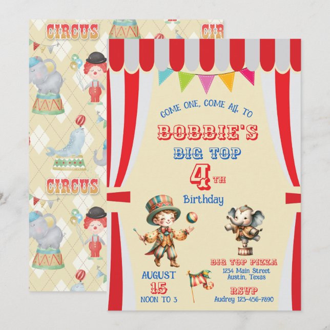 Big Top Circus Invitation Anniversaire (Devant / Derrière)