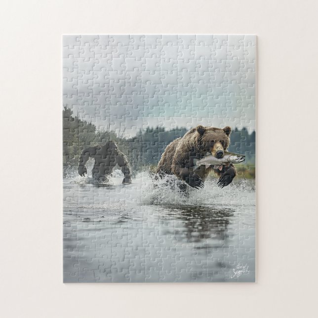 Bigfoot poursuivant un ours : Puzzle réaliste (Vertical)
