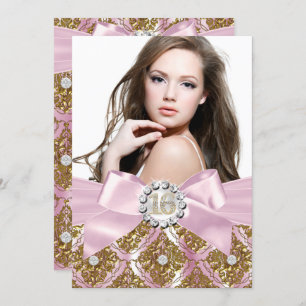 Bijou d'or Damask & Pink Bow Sweet 16 Invitation p