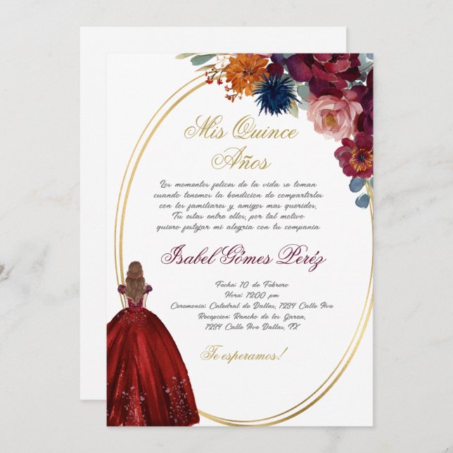 Bijoux floraux Quinceanera invitation en espagnol (Devant / Derrière)