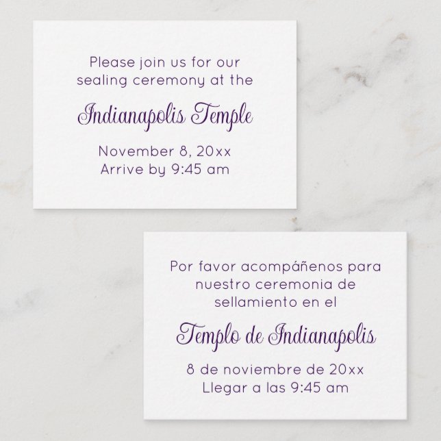Bilingual Purple Script Temple Sealing Invitation (Devant / Derrière)
