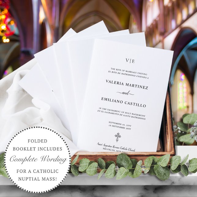 Bilingue Espagnol Anglais Catholique Programme de  (Elegant, simple, bilingual, Spanish-English, folded Catholic wedding program )