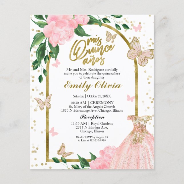Bilingue Quinceanera Papillons Budget Invitation (Devant)