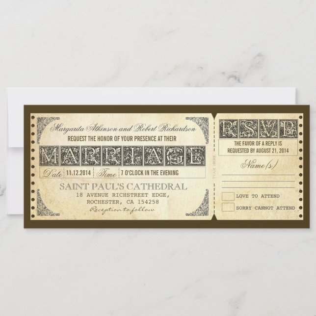 Billet antique mariage invitation & design rsvp (Devant)
