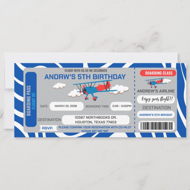 Billet avion bleu Anniversaire Fête Invitation (Devant)