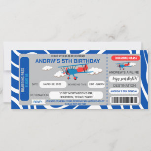 Billet avion bleu Anniversaire Fête Invitation