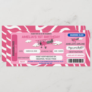 Billet avion rose Anniversaire Fête Invitation