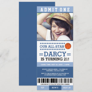 Billet Basket-ball Bleu Girl Birthday Invitations