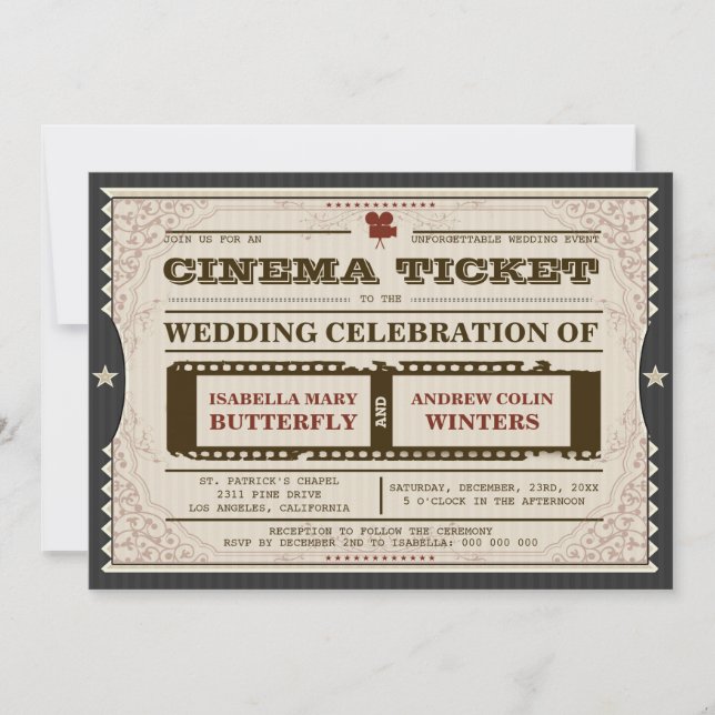 Billet cinéma - Faire-part de mariage en gris (Devant)