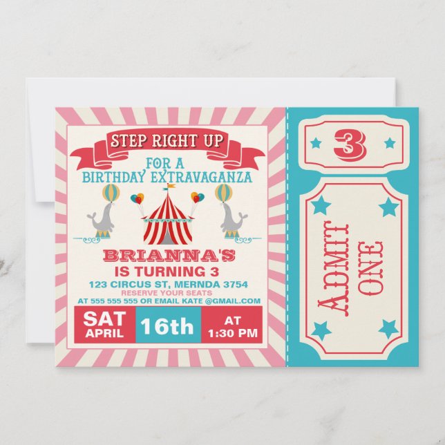 Billet Cirque Filles Anniversaire Invitation (Devant)