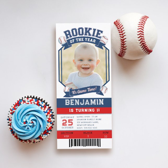 Billet de baseball Rookie Red Blue Boy 1er anniver (rookie of the year 1st birthday invite boy photo template red blue white milestone invitation)