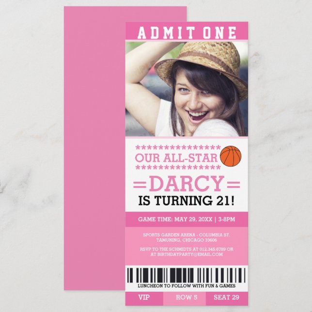 Billet de basket-ball rose Invitations d'anniversa (Devant / Derrière)