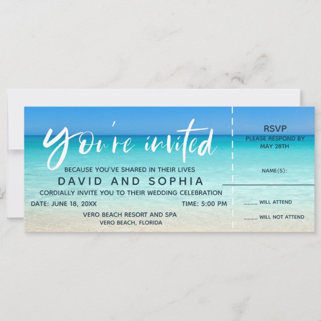 Billet de carte d'embarquement mariage plage RSVP (Devant)