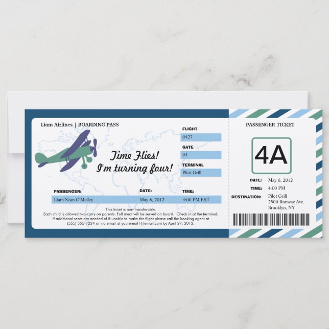 Billet de carte d'embarquement pour l'avion vintag (Devant)