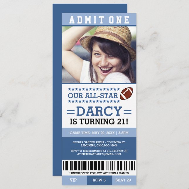 Billet de football bleu Invitations d'anniversaire (Devant / Derrière)
