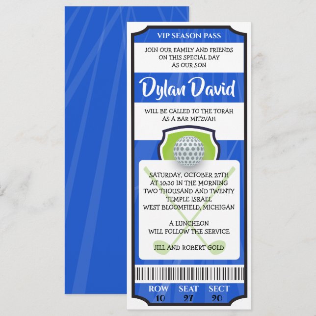BILLET DE GOLF Invitation Bar Mitzvah (Devant / Derrière)