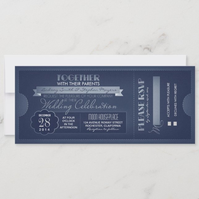 billet de mariage vintage invitation bleu (Devant)