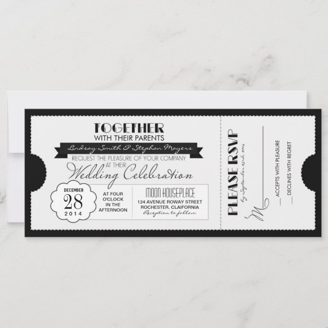 billet de mariage vintage invitation noir et blanc (Devant)