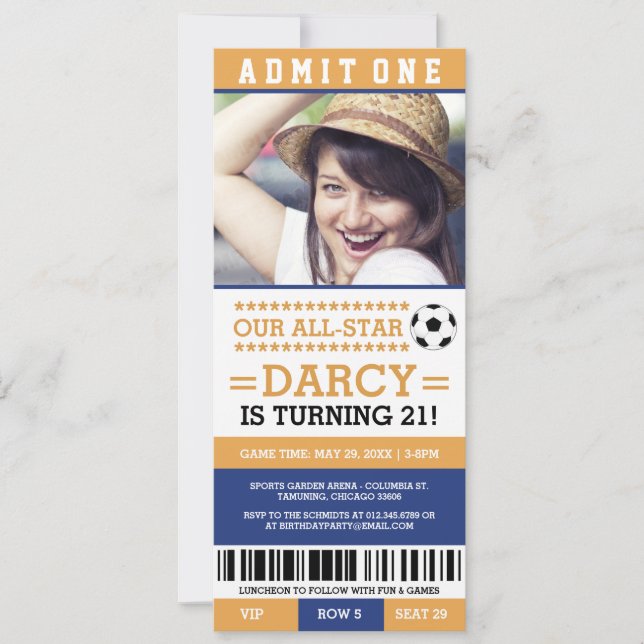 Billet de soccer jaune et bleu Invitations d'anniv (Devant)