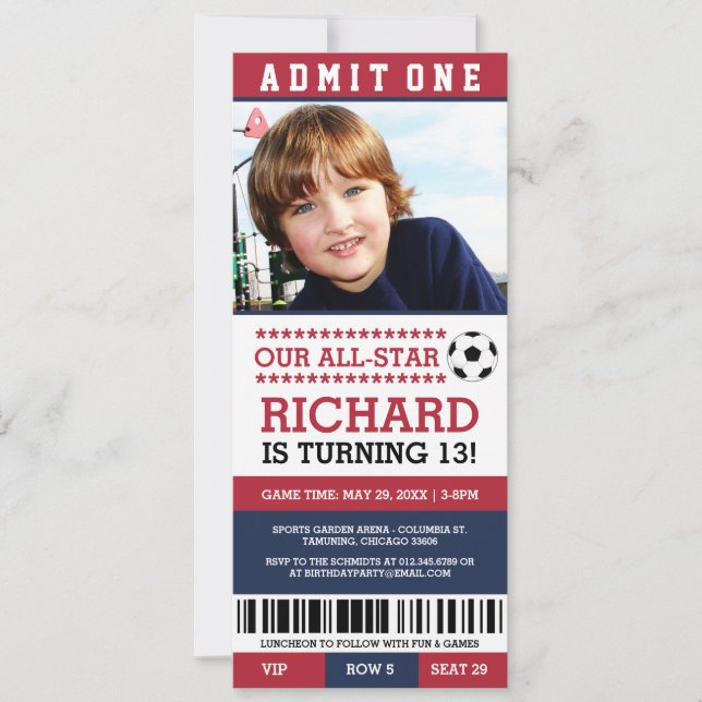 Billet de soccer rouge et bleu Invitations d'anniv (Devant)