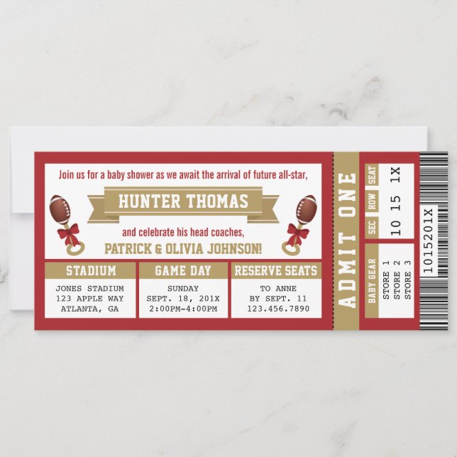 Billet de sport Baby shower Invitation Scarlet, Or (Devant)