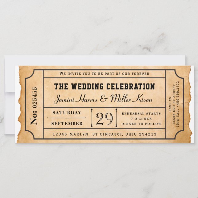Billet de style carte d'embarquement rustique pour (Devant)