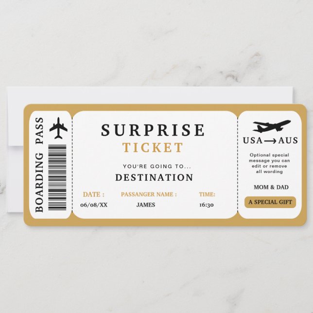 Billet de voyage surprise Billet d'avion Carte d'e (Devant)