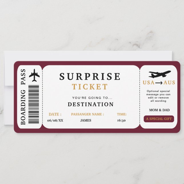 Billet de voyage surprise Billet d'avion Carte d'e (Devant)