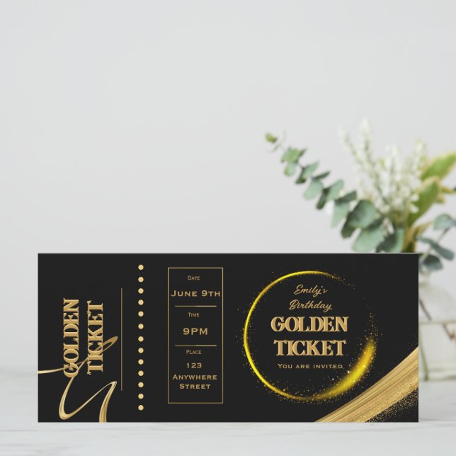 Billet d'or Invitation noir et or Carte à plat (Debout devant)