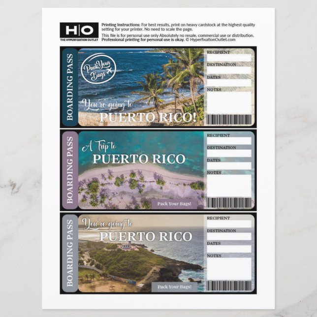 Billet Faux Porto Rico pour Voyage et Événements (Devant)