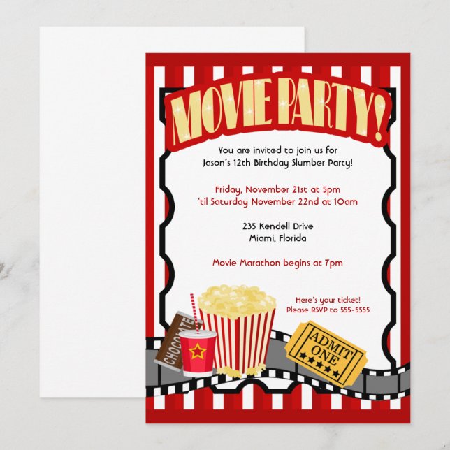 Billet MOVIE PARTY Invitations d'anniversaire *Mis (Devant / Derrière)