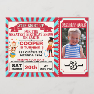 Billet Red Blue Circus Photo Invitation d'annivers