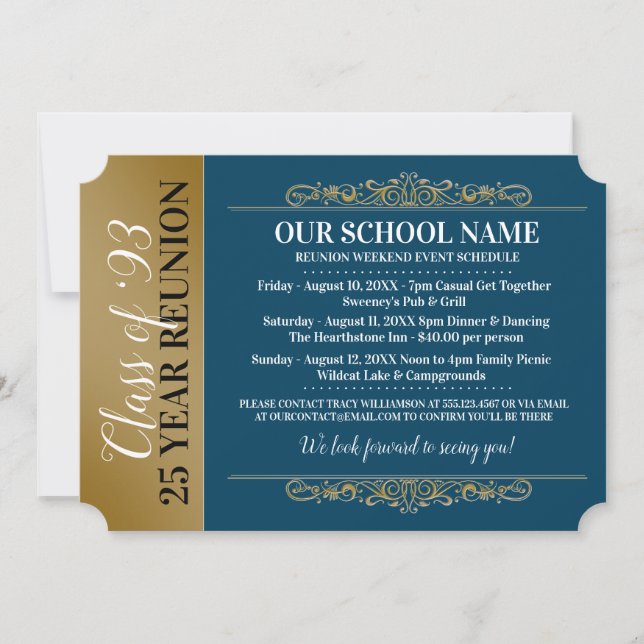 Billet Style Blue/Gold Classe Réunion Invitation (Devant)