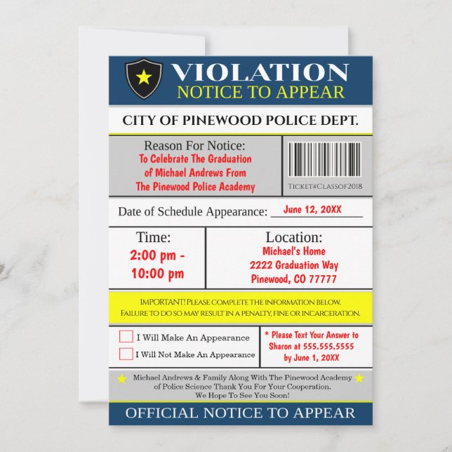 Billet Violation Police Graduation Invitation (Devant)