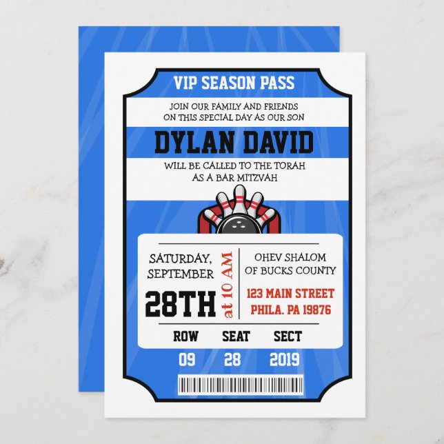 BILLETERIE DE QUILLES Invitation Bar Bat Mitzvah (Devant / Derrière)