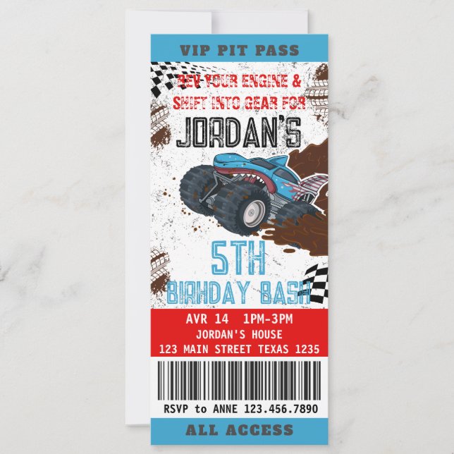 Billets Monster Truck Anniversaire Fête Invitation (Devant)