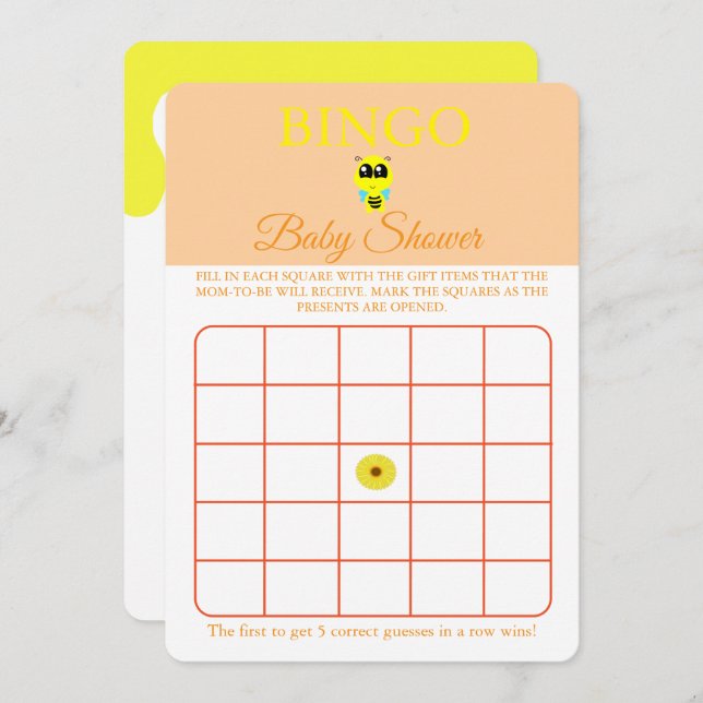 Bingo, Baby shower Carte de jeu Flyer, Bébé Bee (Devant / Derrière)